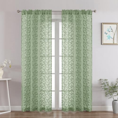 "Chyhomenyc Sage Green Sheer Curtains 72 Inches Long 2 Panels Set, Light Filtering Tufted Textured Soft Airy Rod Pocket Elegant Leaf Window Treatment Drapes for Bedroom Living Room, 42"" Wx72 L, 2PCS"