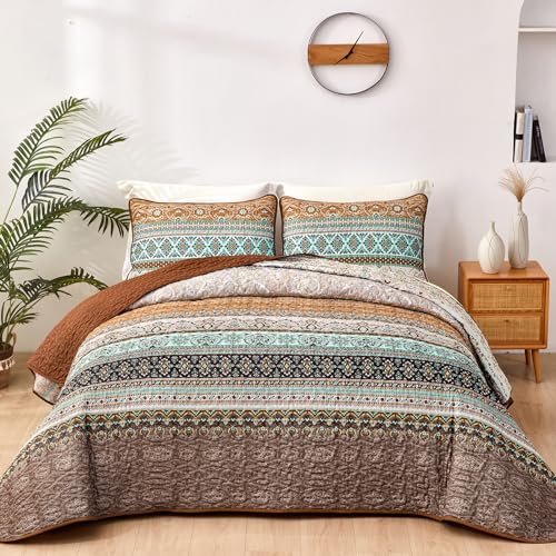 "WONGS BEDDING Boho Fall Quilt Set Full, Brown Bohemian Quilt Bedding Set, Ultra Soft Lightweight Bedspread for All Season Reversible Microfiber Coverlet Bedding Set 90""x78""(3 Pieces)"