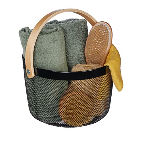Relaxdays Wire Storage Basket with Handle, Round, Metal & Wood, for Utensils in Kitchen, Bathroom, Living Room, Black