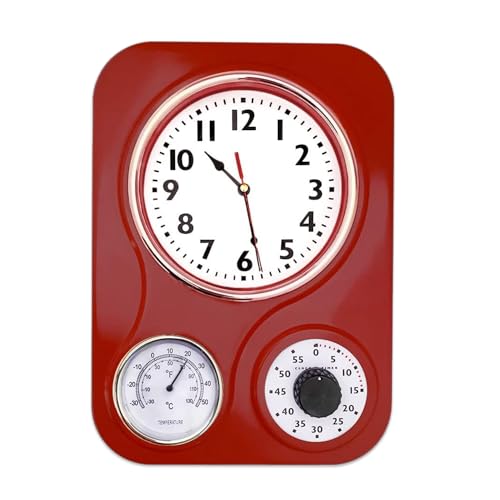 Lily's Home -9.5 Inch x 12.5 Inch -Retro Kitchen Wall Clock, Vintage Wall Clock with a Thermometer and 60-Minute Timer, Ideal for Any Kitchen, Office, or Diner (Retro Red)