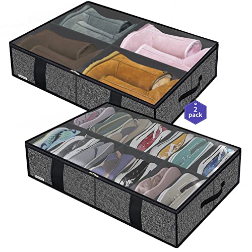 Onlyeasy 2 Pack Under Bed Shoes Storage Bag Organizer (14+4 Pairs), Collapsible Shoe Boot Container with Handles, Underbed Storage Solution Shoes Bags for Kids & Adults, Linen-like Black, MXAUBS14S4