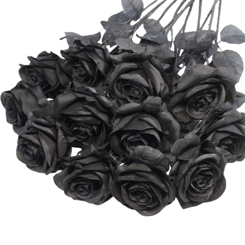 YGbridge Black Roses Artificial Flowers, 12 Pcs Fake Rose in Bulk, Long Stem Realistic Silk Roses Bouquet for Centerpieces Flower Arrangement, Halloween Home Decor, Gothic Decoration (Black2, 12-PCS)