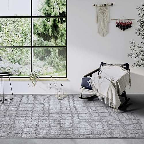 Elle Decor ation High Pile Artistique Rug, Modern Living Room Rug, Long Pile Shaggy, Modern Pattern, Fluffy Soft Boho for Living Room, Bedroom, Light Grey, 160 x 235 cm