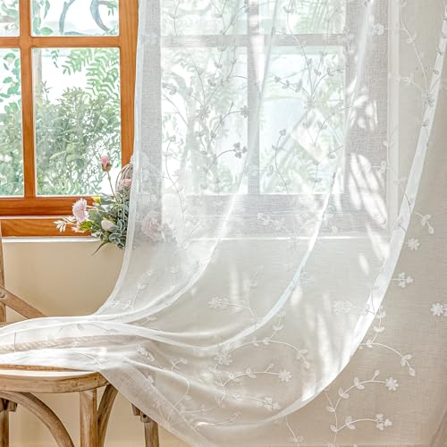 AmHoo 2 Panels Leaf Flora Embroidered Farmhouse Semi Sheer Curtain Voile Curtains for Living Room Bedroom Window Treatment White 53 x 63 Inch