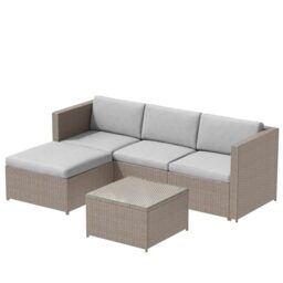 Ball & Cast Corner Sofa Furniture, 4-Seater All-Weather Rattan Corner Sofa Set w/Tempered Glass Coffee Table,Ottoman - L-Shaped Patio Garden Furniture (Khaki Rattan+Khaki Cushion)
