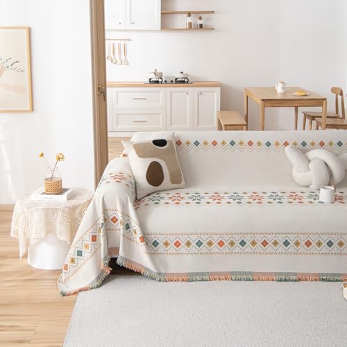 VCLIFE Boho Couch Cover White Geometric Jacquard Sofa Cover 1 Piece Large Couch Covers for 2 Cushion Couch Sofa Washable Plush Chenille Sofa Protector for Living Room Bedroom 71x118 Inch