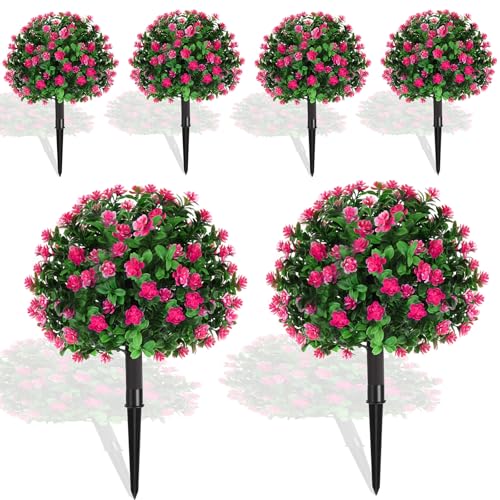 Yunlly Set of 6 Artificial Boxwood Topiary Ball Tree 16 Inch Outdoor Topiary Tree with Flower Fake Bushes, UV Resistance Faux Shrubs Evergreen Plant with Spike for Front Porch Indoor Decor (Pink)