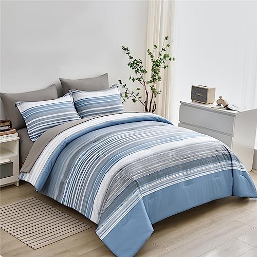 KAKIJUMN 7 Piece Bed in a Bag Stripe Comforter Set Queen Size, White Grey Blue Patchwork Striped Comforter and Sheet Set, All Season Soft Microfiber Complete Bedding Set(Light Blue,Queen)