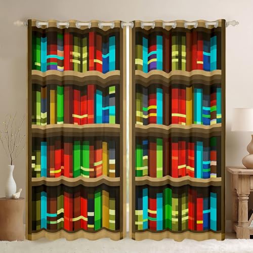 Castle Fairy Bookshelf Window Curtain,Pixelated Bookshelf Blackout Window Treatment,Kids Girls Teens Pixel Style Games Bedroom Curtains Anime Bookcase Theme Living Room Decor Top 2 Panels,38Wx54L