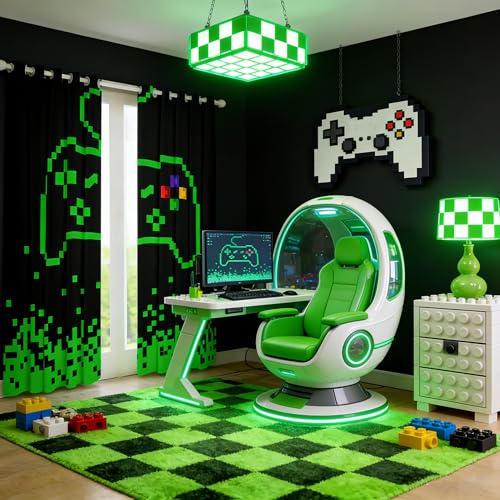 Castle Fairy Video Games Window Curtain,Miner Pixel Games Window Treatment Curtain,Kids Girls Men Neon Green Block Building Bedroom Curtains Modern Black Living Room Decor Top 2 Panels,52Wx63L