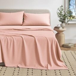 Great Bay Home 4 Piece Jersey Knit King Cotton Blend Pink Sheet Set - Ultra-Soft T-Shirt Jersey Bedding Sheets & Pillowcases - Heathered, Breathable, All Season Bed Sheets (King, Blush Pink)