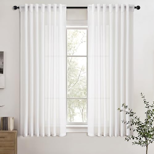 White Linen Blend Short Kitchen Curtains 45 Inch Length 2 Panel Set Semi Sheer Light Filtering Back Tab Rod Pocket Drapes Modern Farmhosue Small Curtains for Cafe Bathroom Living Room 45 Inches Long