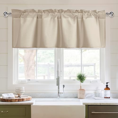 XWZO Kitchen Valances Curtains for Windows Living Room Bedroom Bathroom Toppers Farmhouse Style Rustic Dinning Room Thermal Insulated Rod Pocket, W60 x L18 Inch Length, Beige, 1 Panel