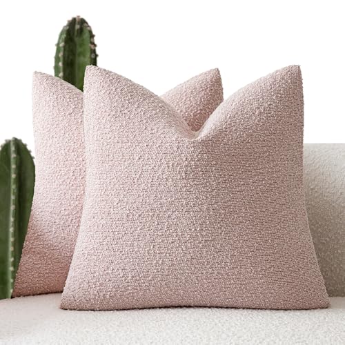 Foindtower Set of 2, Decorative Textured Boucle Throw Pillow Covers Accent Solid Pillow Cases Neutral Soft Cozy Couch Cushion Case for Chair Sofa Bedroom Living Room Home Decor 26x26 Inch Sakura Pink