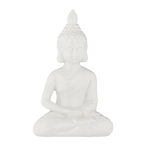 Relaxdays Sitting Buddha Statue, 18 cm Tall, Garden Ornament, Figurine, Weatherproof & Frostproof, Indoor Decor, White