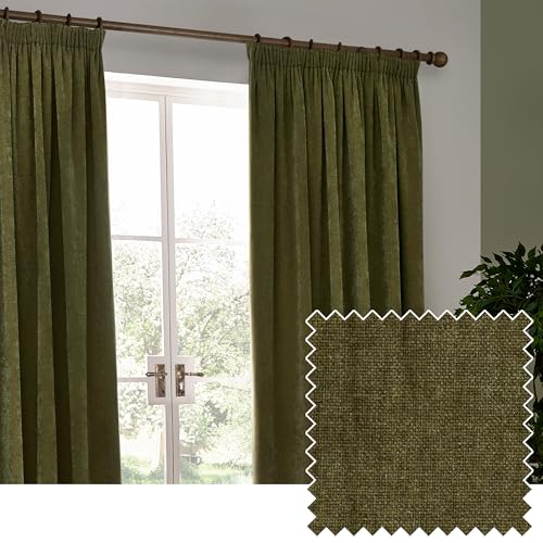 Yard Heavy Chenille Pencil Pleat Curtain Pair (Olive, 168 x 229 cm)