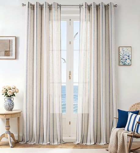 DriftAway Farmhouse Curtains for Living Room Vertical Striped Linen Curtains Semi Sheer Light Filtering Grommet Window Treatments, 120 Inches Long, 2 Panels, Pinstripe Navy on Beige