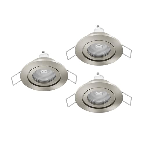 Eglo Set of 3 LED recessed spotlights Barranco, Ceiling spot for Bathroom, Light fixtures Made of Silver Plastic, Bathroom lamp Neutral White, Including GU10 Bulbs, IP44