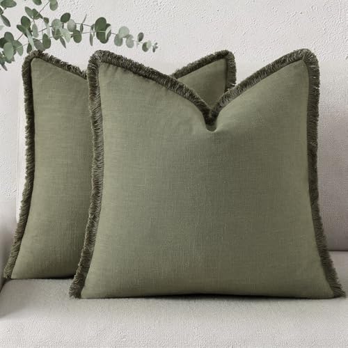 decorUhome Spring Decorative Linen Fringe Throw Pillow Covers 20x20 Set of 2, Cozy Boho Farmhouse Cushion Cover Soft Accent Pillow Case for Couch Sofa Bed Living Room, Olive Green