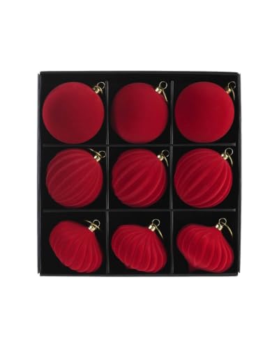 WeRChristmas Set of 9 Red Velvet Christmas Baubles, 10cm