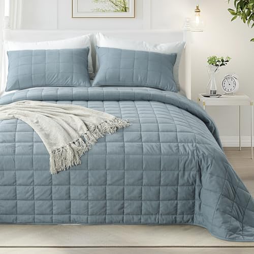 "KASENTEX Twin Quilt Set 68""x86"" ??? Soft Washed 3-Layer Lightweight Bedspread, Minimalist Nordic Design, All-Season Spring & Summer Quilt Set (1 Quilt + 2 Pillow Shams), Corduroy Blue"