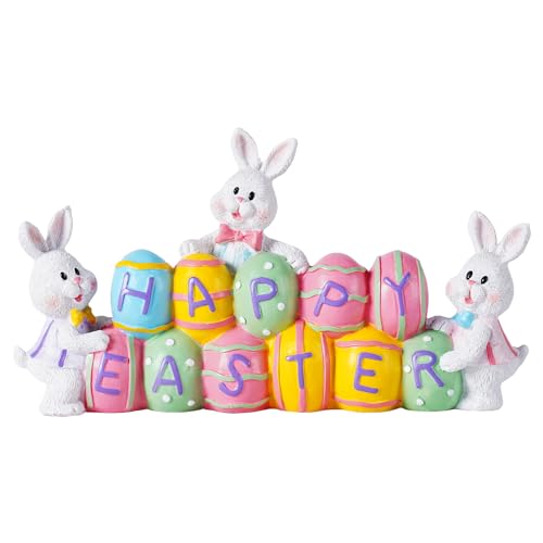 yumhum 3 Easter Bunny Holding Eggs and Happy Easter Decorations, Resin Easter Bunny Rabbits Figurine Tabletop Centerpiece for Spring Decor Easter Home Office Party Decor???