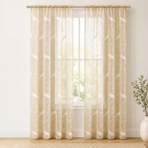 VOGOL Sheer Curtains 84 Inches Long, White Bird Embroidered Taupe Sheer Curtain Window Treatments for Living Dining Room, Rod Pocket, W54 X L84, 2 Panels