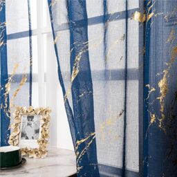 "Lavyhuno Sheer Curtains 84 inch Length 2 Panels Set, Rod Pocket Voile Drapes for Living Room, Metallic Gold Foil Print Window Treatment Privacy Pair, 52"" W x 84"" L, Navy Blue Marble"