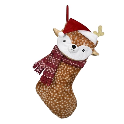 Valery Madelyn Brown Reindeer Christmas Stockings 21 Inches Large Cheerful Pet Stockings with 3D Hat, Knitted Cuffs and Faux Fur Cuffs
