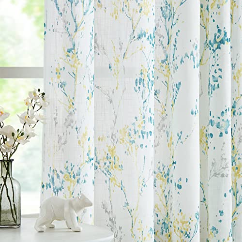 Treatmentex Tree Semi Sheer Curtains for Living Room Bedroom Teal Yellow and Grey Branch on White Window Curtains 63 inch Long Watercolor Print Curtain Panels Grommet Top 2pcs