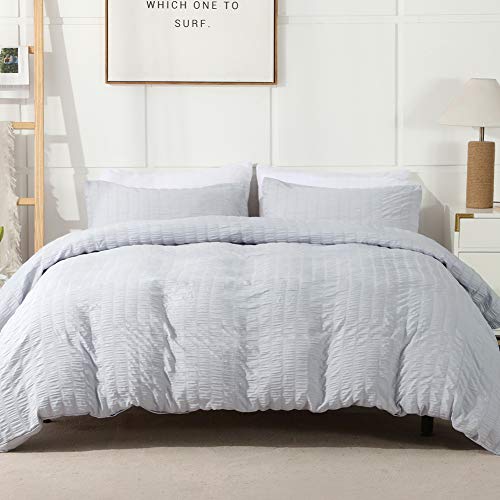 AveLom Light Gray Duvet Cover Full(80 x 90 inches), 3 Pieces (1 Duvet Cover, 2 Pillow Cases),Seersucker Tripe Soft Washed Microfiber Textured Duvet Cover Set with Zipper Closure, Corner Ties