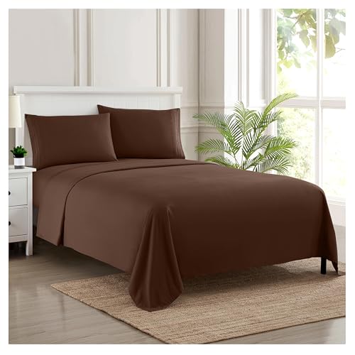Sweet Home Collection Luxury Bedding Set with Flat, Fitted Sheet, 2 Pillow Cases, Microfiber, Brown, Queen