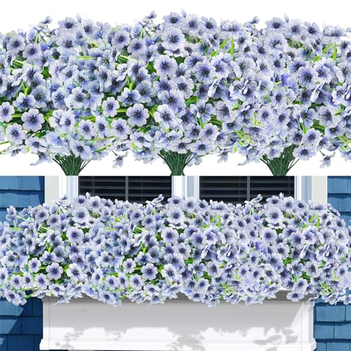 Uieke 16 Bundles Artificial Flowers Outdoor UV Resistant Blue Fake Flowers No Fade Faux Greenery Plastic Plants for Garden Porch Window Box Home Party Wedding Thanksgiving Christmas D??coration