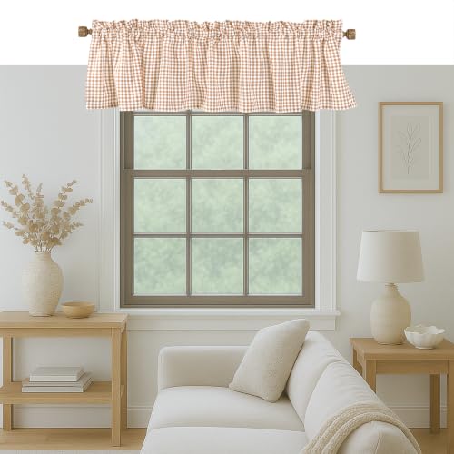 "Native Fab Gingham Buffalo Check 2 Pack Kitchen Valance Set - Rod Pocket - Semi Sheer - Half Window Curtains for Bedroom, Living Room, Bathroom - 54""x18"" - Beige and White"