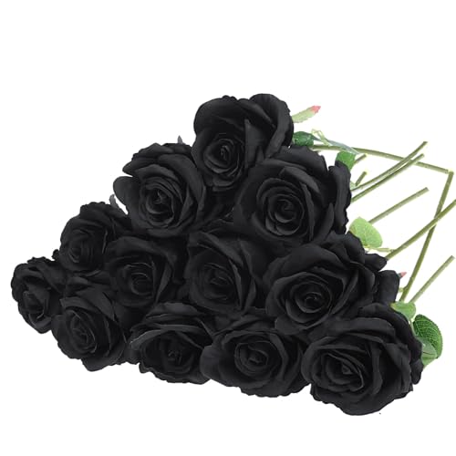 Felice Arts 12 Pack Black Roses Halloween Artificial Flowers - Black Rose Bouquet Gothic Silk Roses with Stems Faux Flowers for Vase Home Wedding Halloween Party DIY Decor