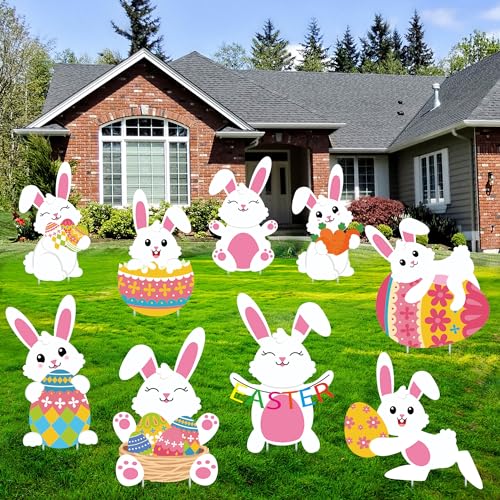 9 PCS Easter Yard Signs Easter Bunny Outdoor Sign with Stakes Bunny Egg Garden Sign Plastic Rabbit Lawn Decorations for Outdoors Garden Yard Hunt Game Props Party Decor