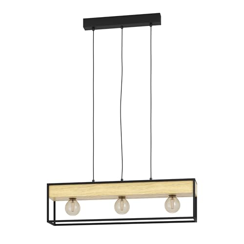 Eglo Pendant Lighting Libertad 1, 3 lamp Ceiling Light Fitting with planters, Hanging lamp for Dining and Living Room, FSC100HB, Natural Wood and Black Metal, E27 Socket