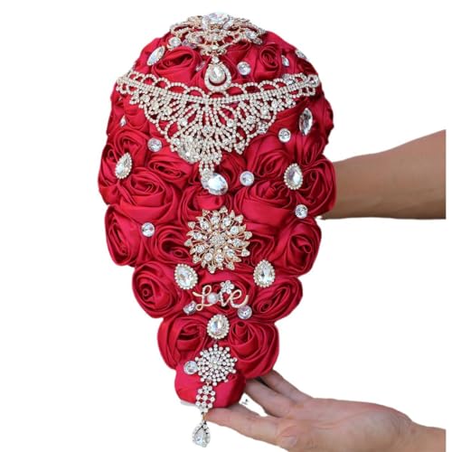 "Mhojpik Luxury Cascade Bridal Wedding Bouquet Satin Rose Waterfall Holding Bouquet Artificial Flower Bunch for Bride Bridesmaid(Ruby Red, 15"" x 7.5"")"