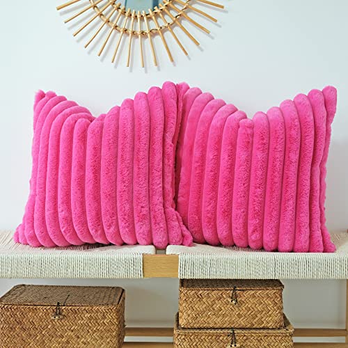 JOJUSIS Faux Fur Plush Throw Pillow Covers, Hot Pink, 20 x 20-Inch - Pack of 2, Couch Cushion Case, Soft Pillowcases, Decorative