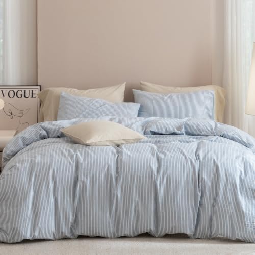 JIYUAN 100% Washed Cotton Striped Duvet Cover Set 3 Pieces Full, 1 Duvet Cover and 2 Pillowcases(Comforter Not Included),Linen Like Comfy and Breathable,Pinstripes - Cornflower Blue White