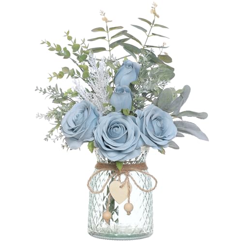 Faux Flowers with Vase,Artificial Silk Roses in Vase, Fake Plant Eucalyptus Flower Arrangement for Home Office Farmhouse Bathroom Dining Table Centerpiece Decorations Coffee Table Decor (Dusty Blue)