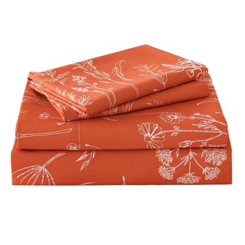 Yibeizi King Size Sheets Set Deep Pocket Orange Floral Bed Sheet Sets, Boho Printed Soft Microfiber Oeko-Tex Hypoallergenic Sheets & Pillowcases Wrinkle Free Bedsheets