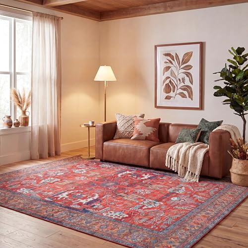 Safavieh Traditional Rug Ideal for High Traffic Areas - Machine Washable and Non Slip - Tucson Collection, Short Pile, in Red and Blue, 244 X 305 cm