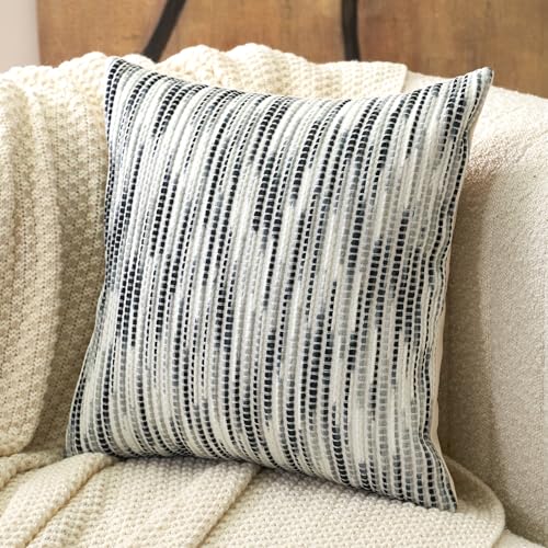Aeckself Boho Striped Pillow Cover 18x18, Decorative Square Throw Pillow Cover Chenille Neutral Pillowcase for Couch Bedroom Living Room, Black Gray