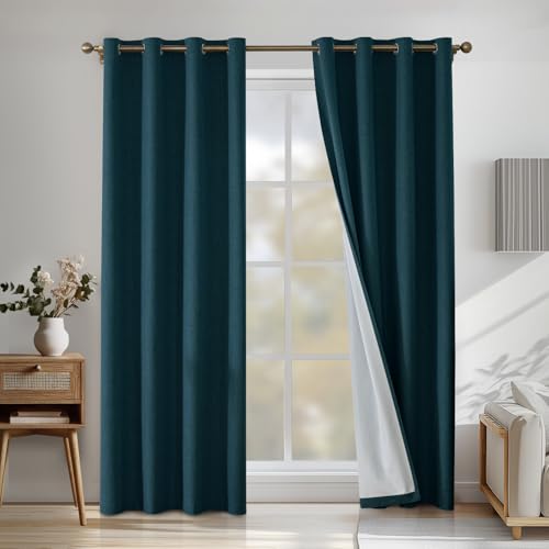 CYCMACO Linen 100% Blackout Curtains for Bedroom, Black Out Curtains 84 Inch Long, Room Darkening Curtains for Living Room, Long Curtain Grommets Drapes, Thermal Curtains(2 Panels, Dark Green)