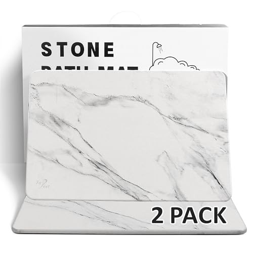 Farest 2 Pack Stone Bath Mat - Diatomaceous Earth Bath Mat Fast-Drying Stone Drying Mat Super Absorbent Diatomite Mats for Bathroom, Dish Drying, Bathtub (White Marble & Heart)