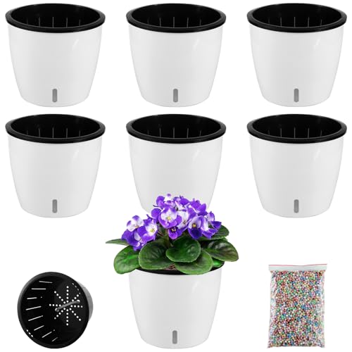 Planterhoma 6.7 Inch Self Watering Pots for Indoor Plants, 6 Packs African Violet Pots with Indicator, Black Wick Pot with Drainage Holes, Self Watering Planters for Orchid, Devil's Ivy, White