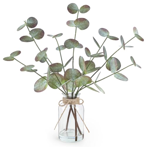 "Fall Fake Eucalyptus Stems in Glass Vase with Faux Water 14"" Fake Fall Plants with Artificial Eucalyptus Leaves Fall Decorations for Home Bathroom Desk Coffee Table Centerpiece Office Farmhouse Decor"