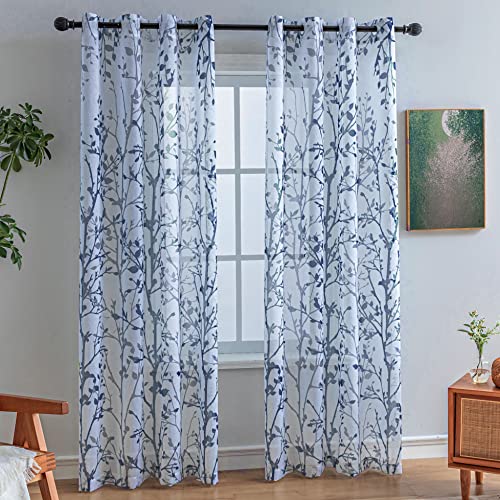 Luvyohmee White Navy Blue Curtains 63 Inch Length 2 Panels, Semi Sheer Window Curtain Drapes for Living Room/Bedroom, Blue Nature Tree Branches Patterned Linen Curtains Grommet W52XL63