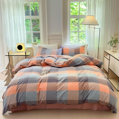 FACE TWO FACE Bedding Duvet Cover Set100% Washed Cotton Duvet Cover Linen Like Textured Breathable Durable Soft Comfy (California King, Cookie Powder Grid)